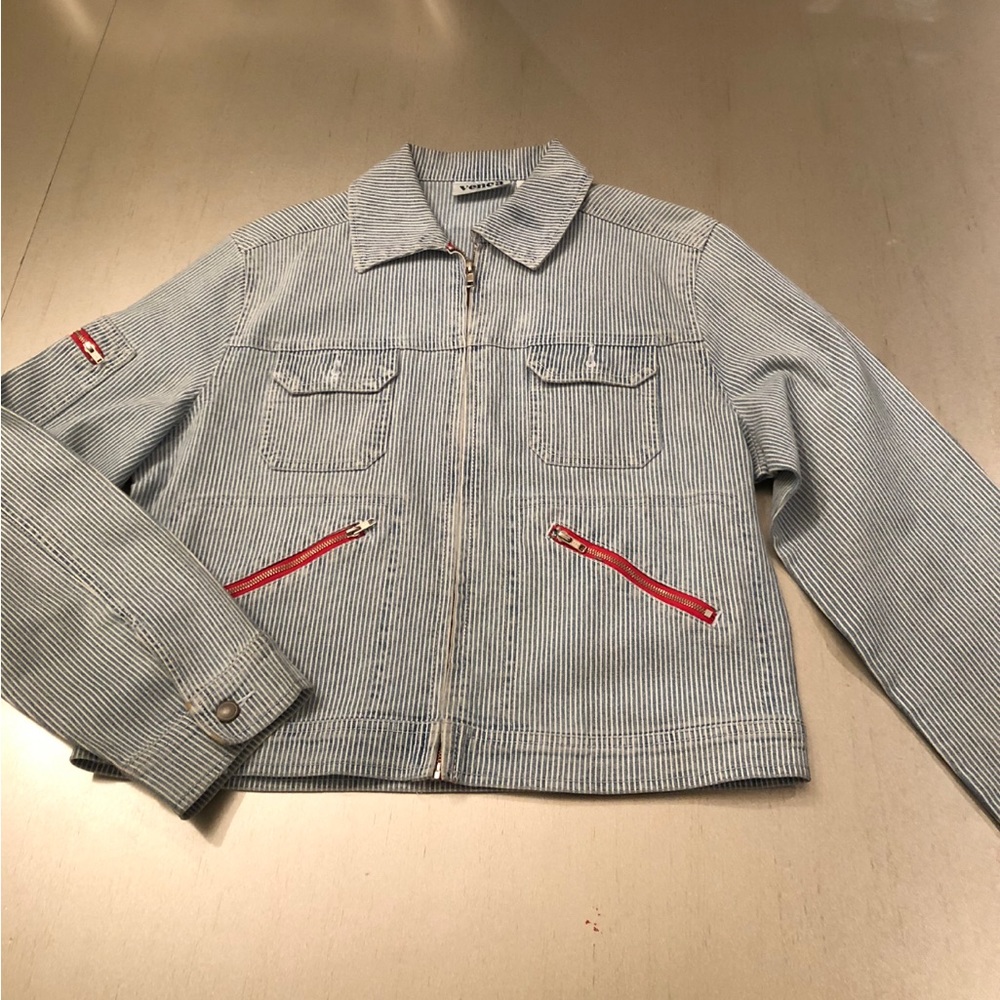 Blue Jean jacket and pants to match stripe, blue and White